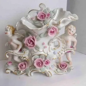 Vintage Porcelain Cherub & Roses Hand-Painted Vase