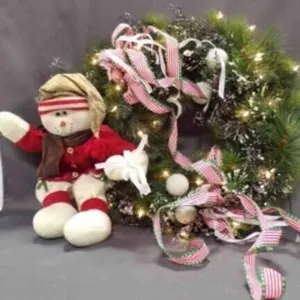 Large Plush Winter Snowman Wreath w/White Lights