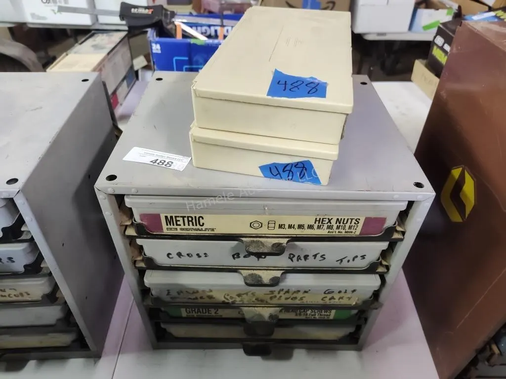 Hardware organizer with contents and 2 containers