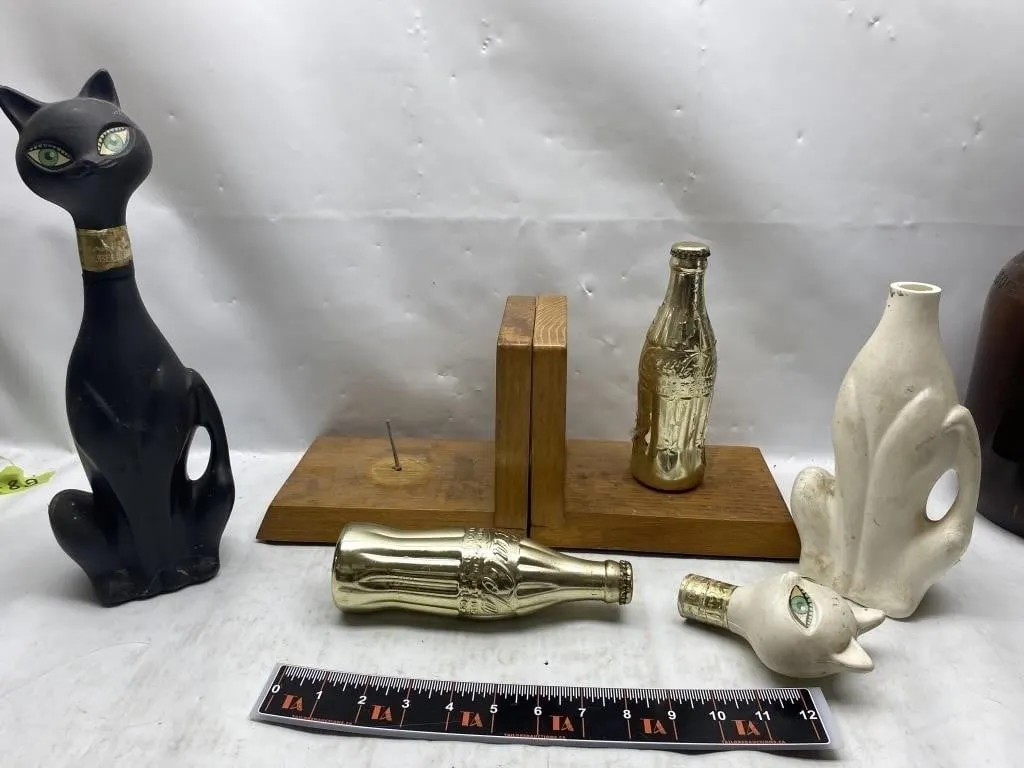 Cat Figurines, Bookends & Gold Bottle Decor Lot