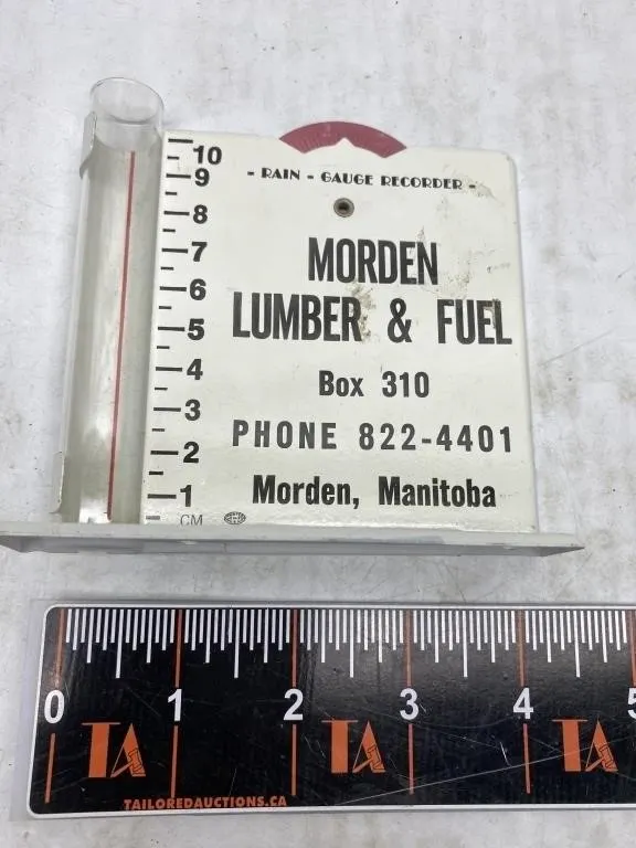 Morden Lumber & Fuel Rain Gauge Recorder Sign
