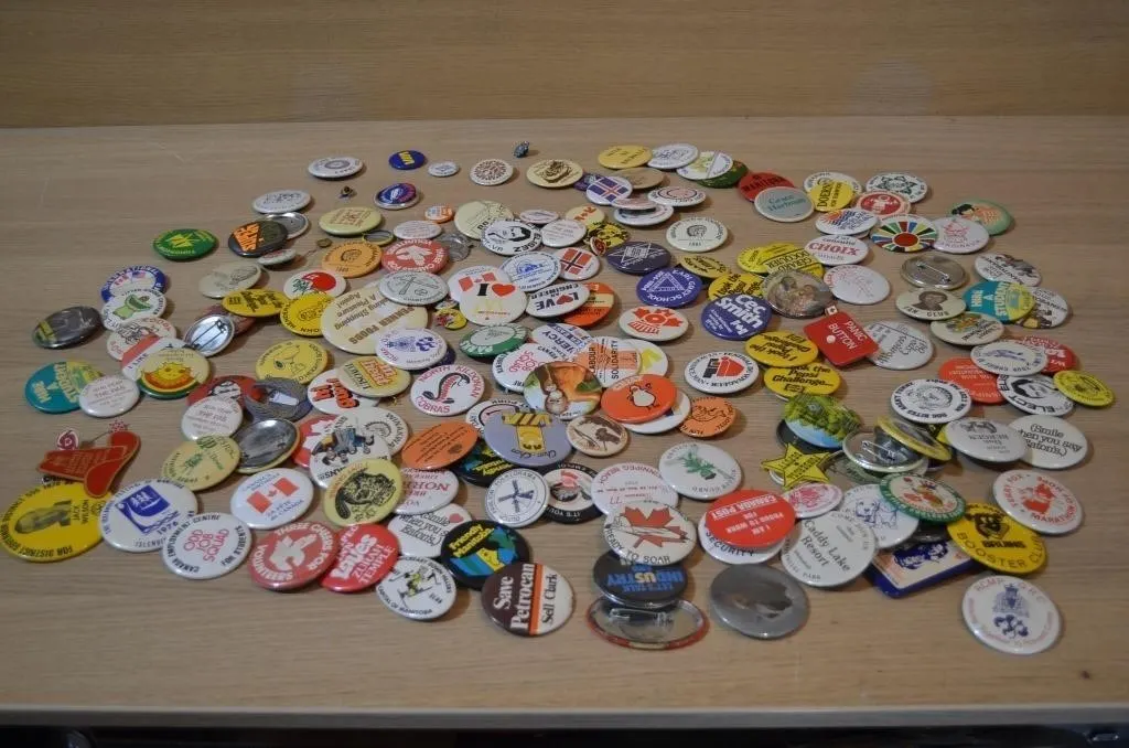 Vintage and retro pin-back buttons and badges
