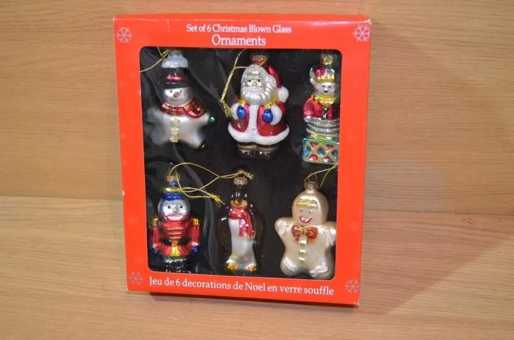 Set of six festive, hand-painted blown glass