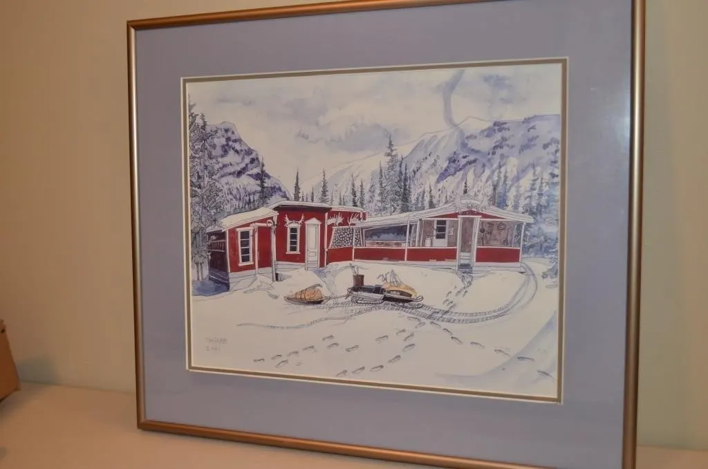 Framed pen, ink, and watercolour winter landscape