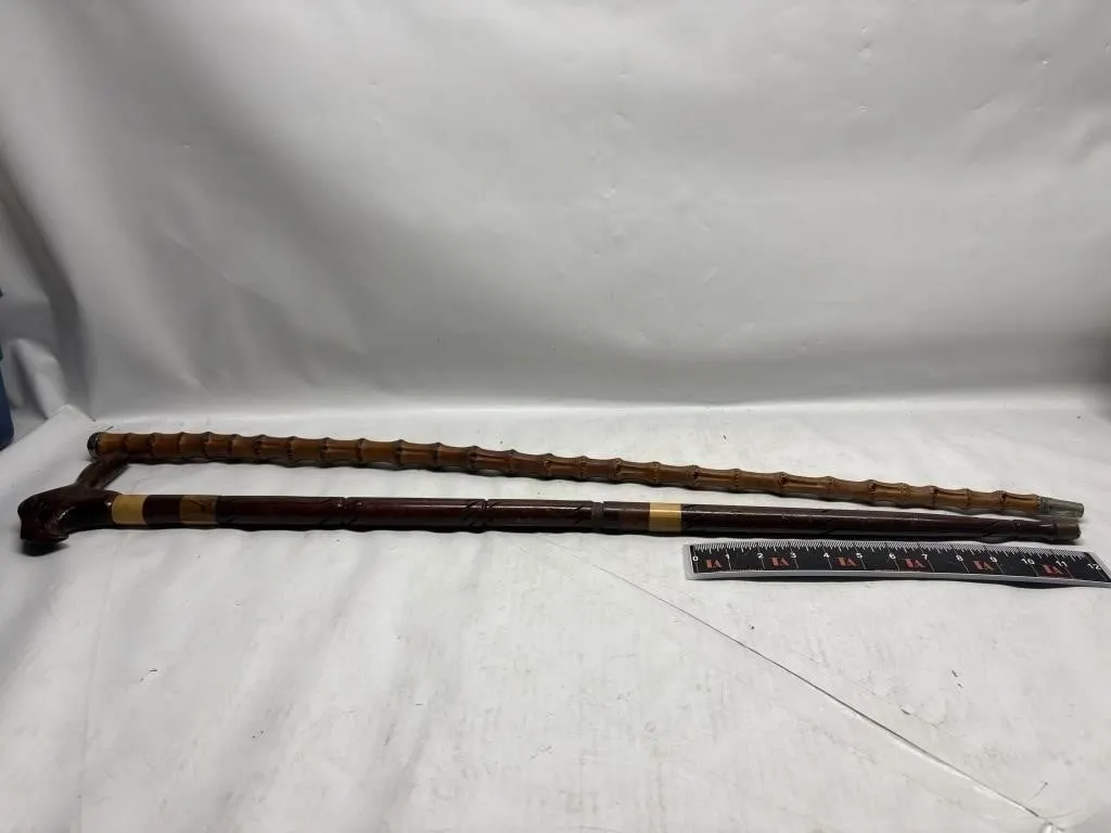 Bamboo Cane & Carved Bird-Handle Walking Stick