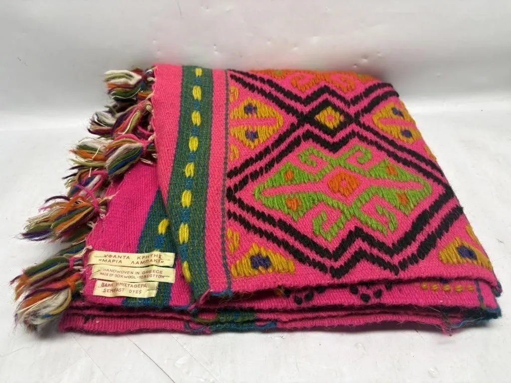 Handwoven Greek wool/cotton blanket, pink diamond