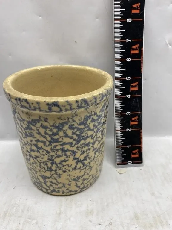 Spongeware Stoneware Crock, Blue & Cream