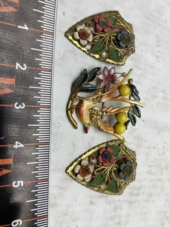 Vintage Enamel Floral Brooches & Hummingbird Pin