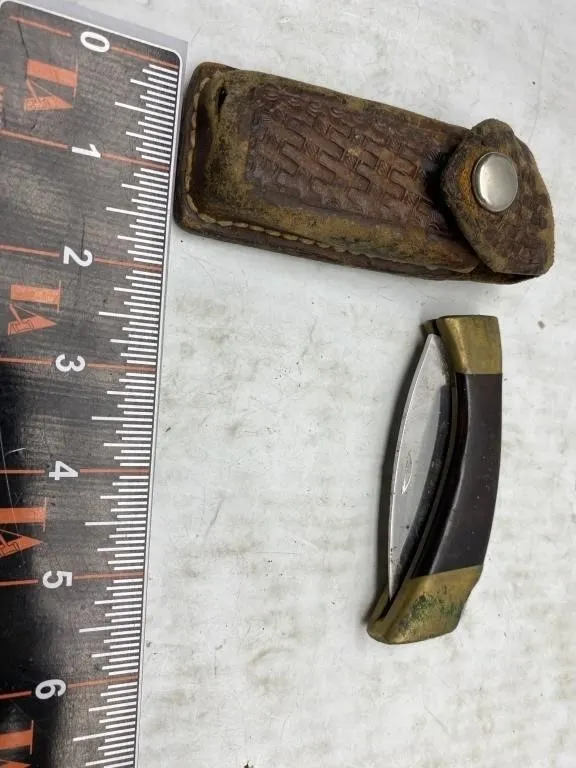 Vintage Folding Lockback Knife with Leather Sheath