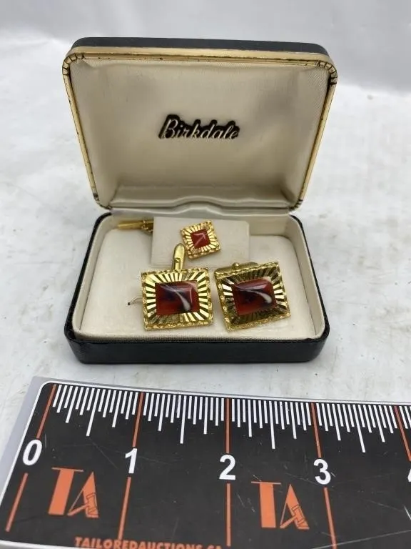 Birkdale Gold-Tone Agate Cufflinks & Tie Tack Set