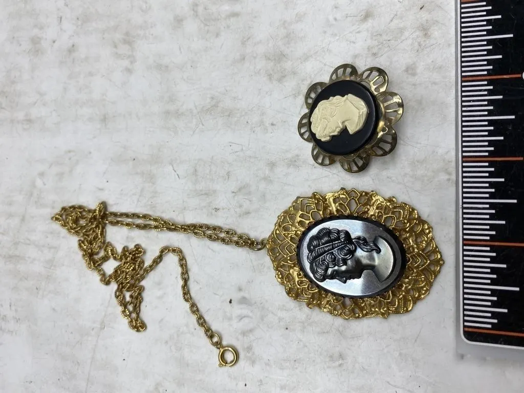 Cameo brooches and pendant necklace