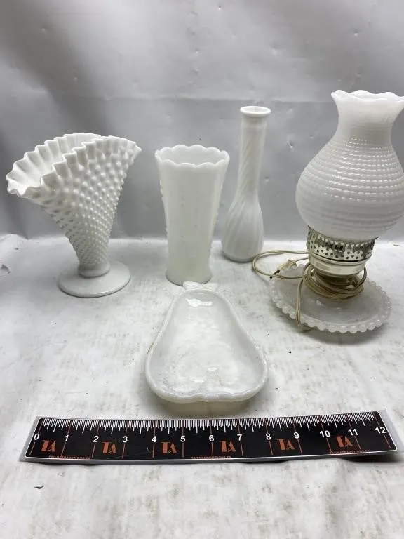 Milk Glass Vases, Hobnail Lamp & Dish Set