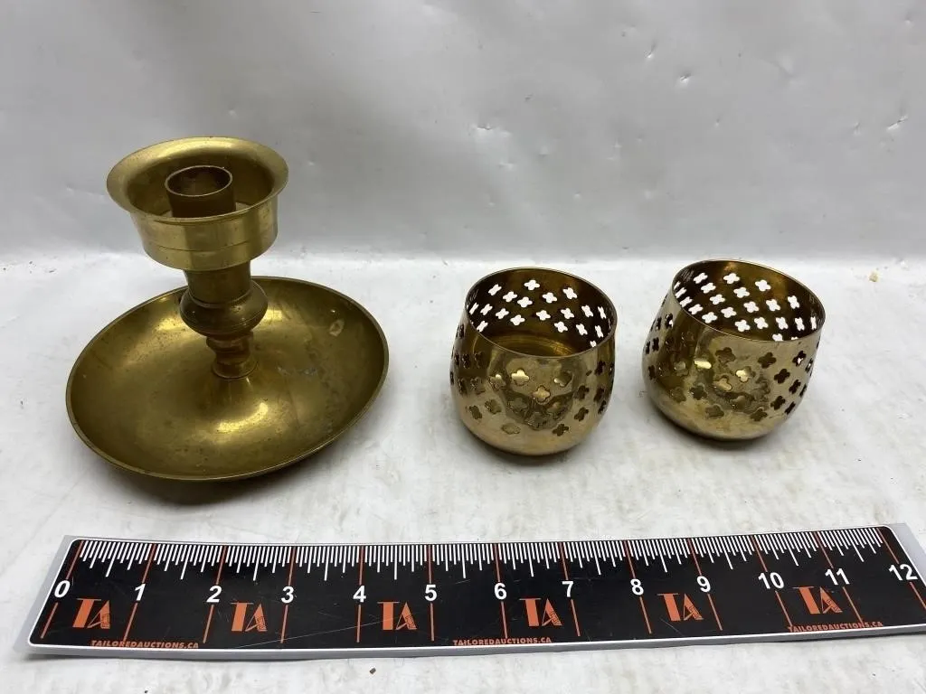 Brass Chamberstick and Two Pierced Votive Holders
