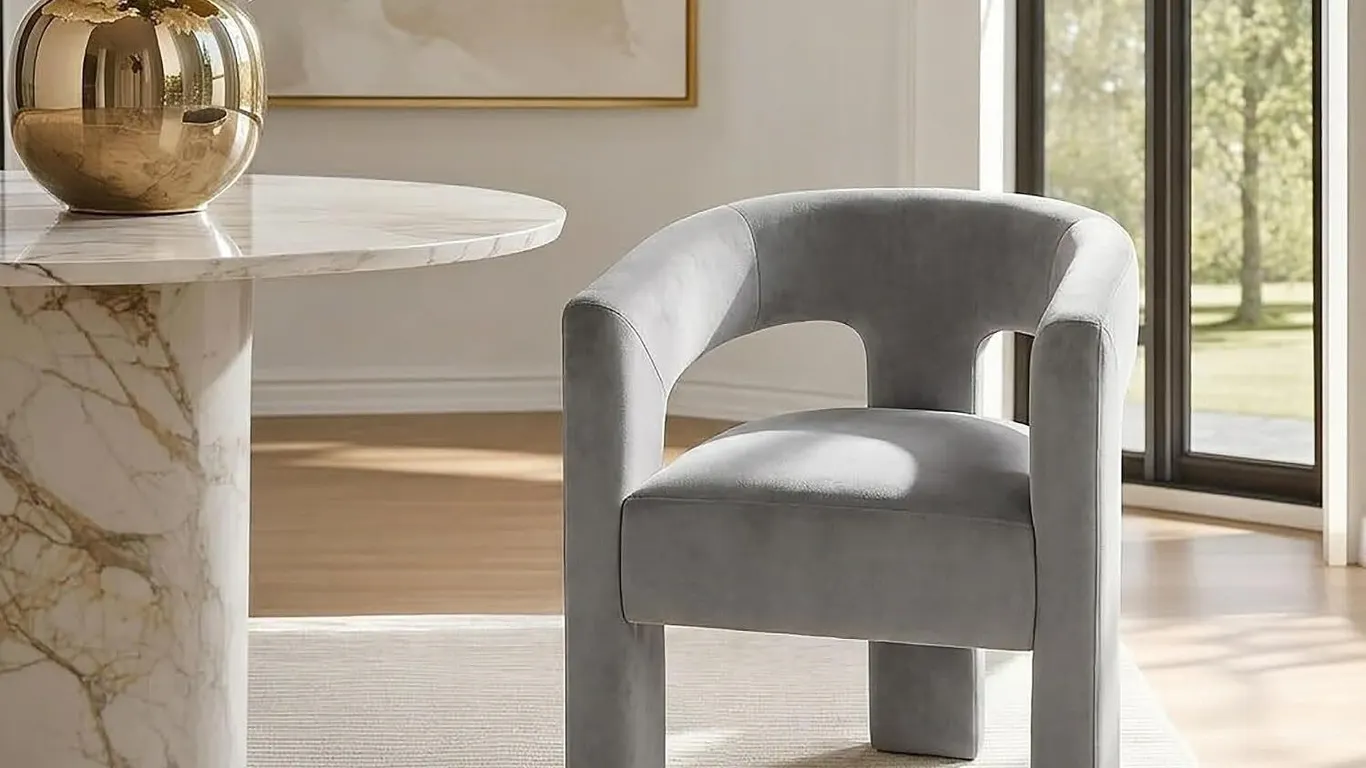New $250 Barrel Dining Chair, Velvet Sherpa, Grey