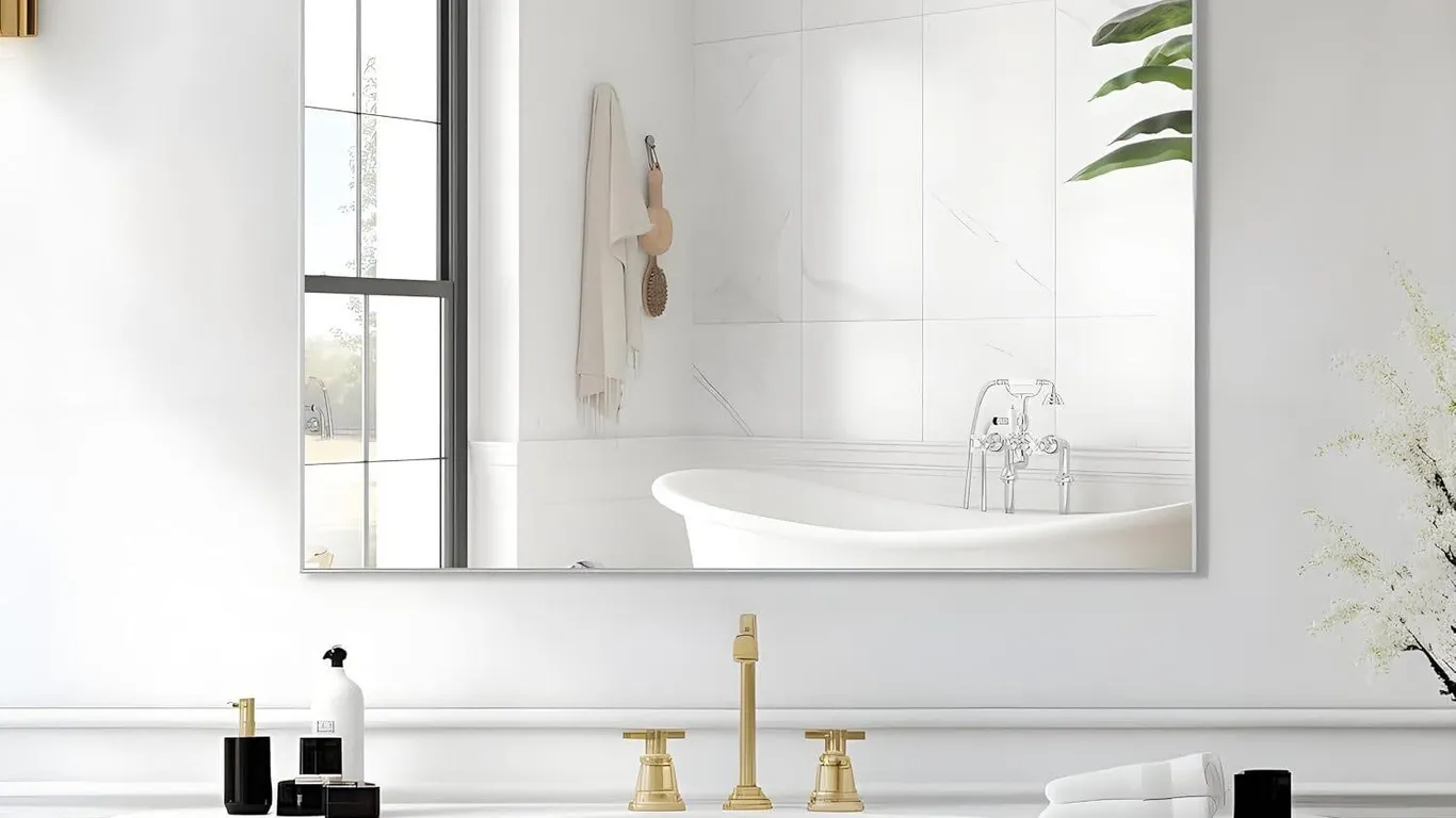 New $86 32x24 Bathroom Mirror, Silver Rectangular