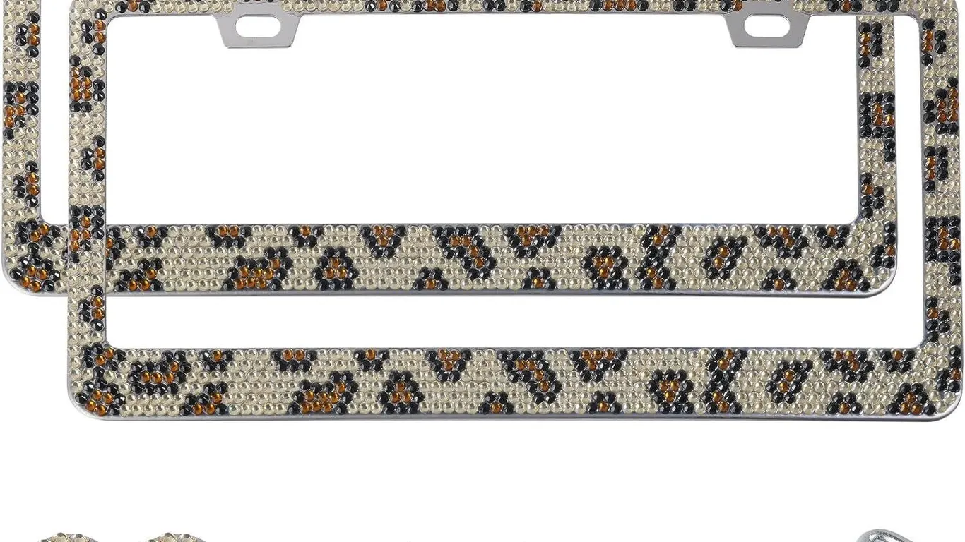 NEW 2PK S.Steel Bling Leopard License Plate Frame