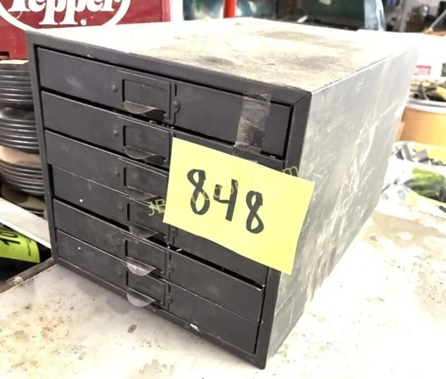 VINTAGE METAL 6 DRAWER HARDWARE CABINET W CONTENTS