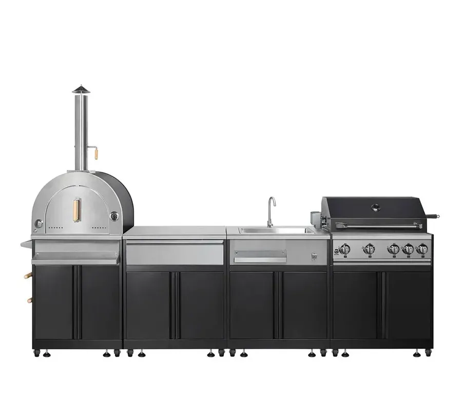 11' 4-Burner Outdoor Kitchen Island (Black), 48000 BTUs, Built-In Pizza Oven, TMG-LKS11B