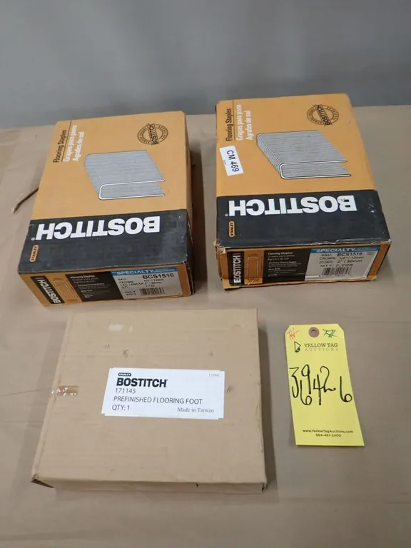 Lot of (2) Boxes Bostitch Flooring Staples and Prefinished Flooring Foot