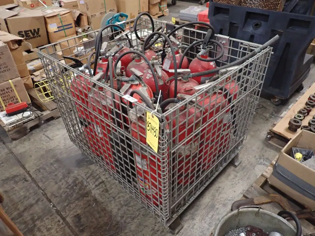 Lot of Assorted Fire Extinguishers with Metal Crate
