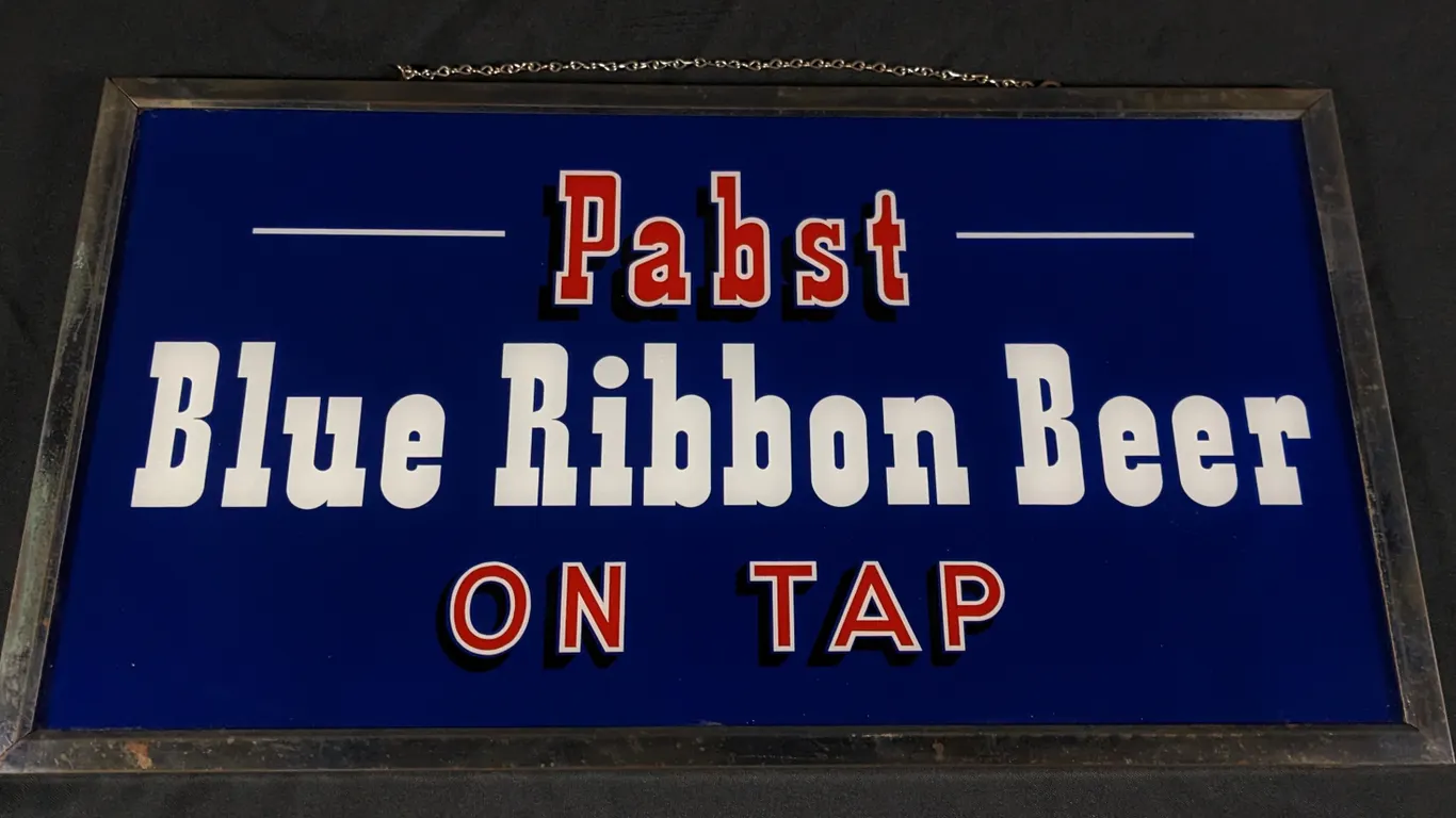 GLASS SIGN PABST BLUE RIBBON BEER ON TAP MILWAUKEE WISCONSIN