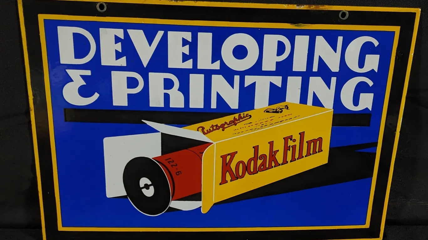 PORCELAIN SIGN KODAK AUTOGRAPHIC FILM DEVELOPING & PRINTING (2 SIDED)