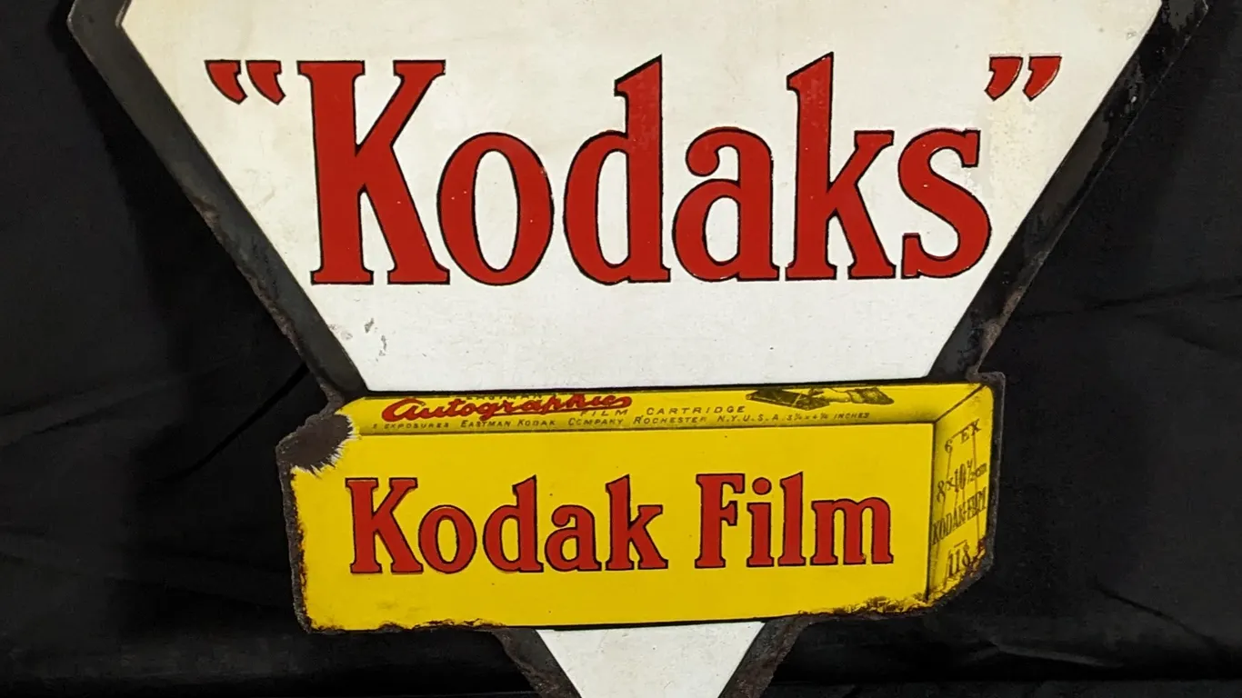 DIE CUT PORCELAIN SIGN "KODAKS" KODAK AUTOGRAPHIC FILM (2 SIDED)