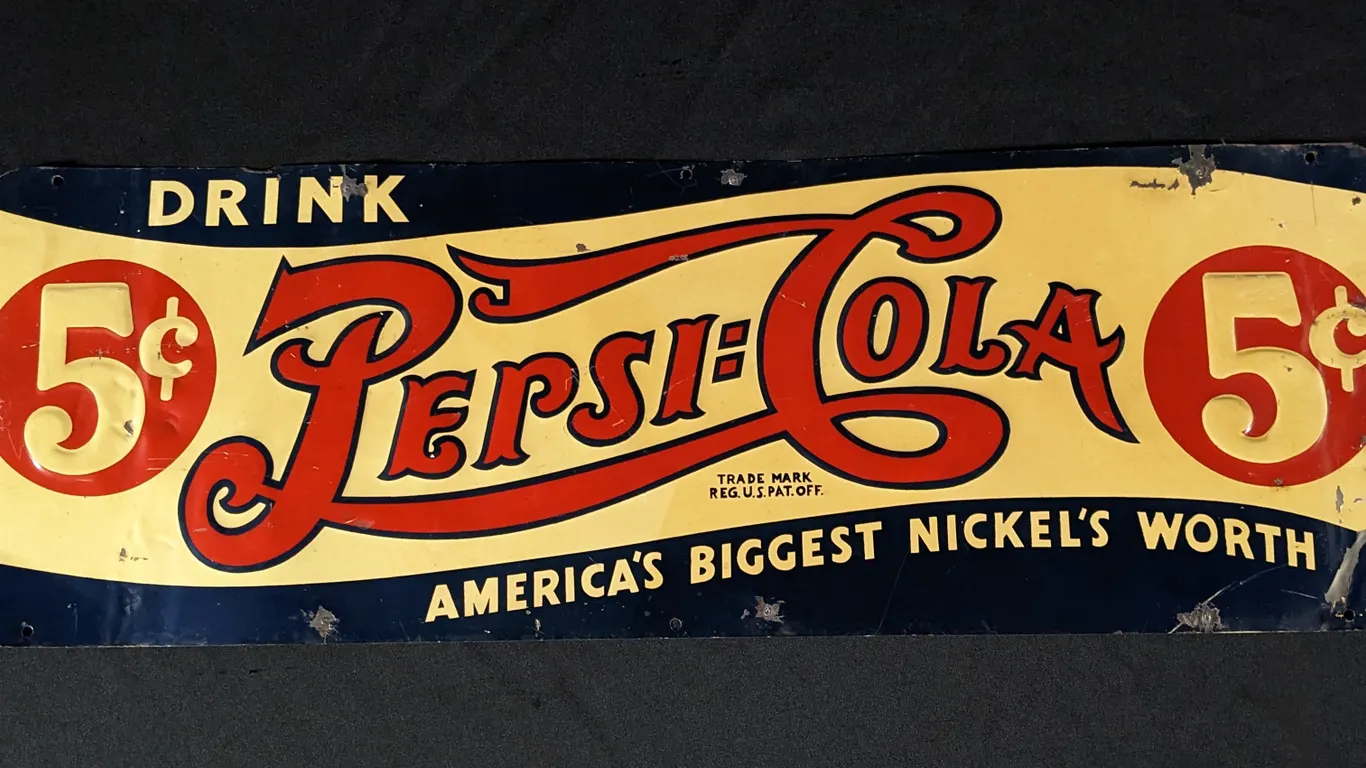 EMBOSSED TIN SIGN DRINK PEPSI COLA 5¢ AMERICA'S BIGGEST NICKEL'S WORTH