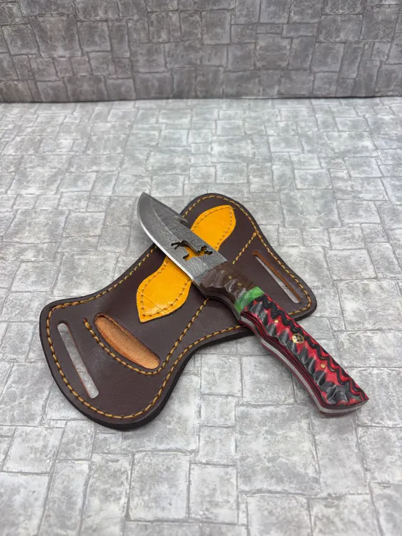 Damascus Steel Knife with Resin Handle and Leather Sheath