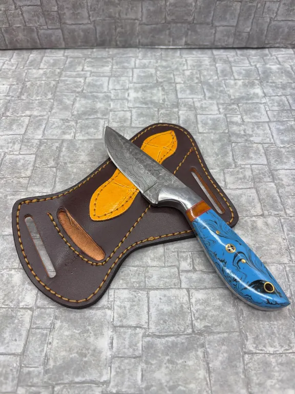 Damascus Steel Knife with Resin Handle and Leather Sheath