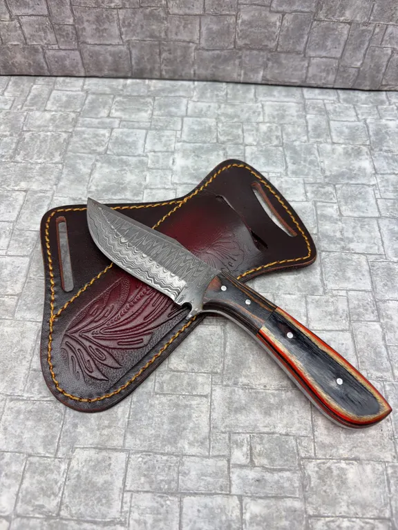 Damascus Steel Knife with Resin Handle and Leather Sheath