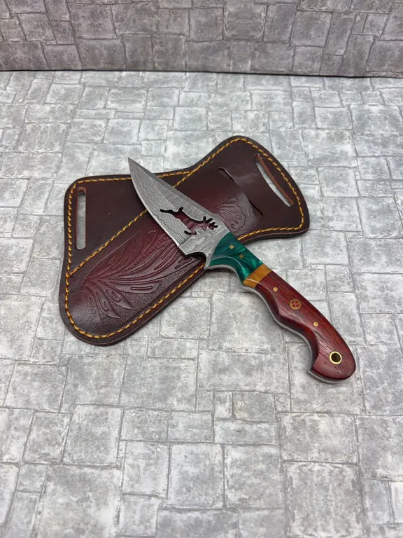 Damascus Steel Knife with Resin Handle and Leather Sheath