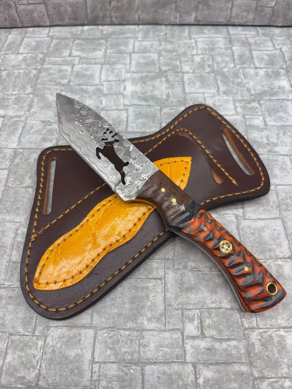 Damascus Steel Knife with Resin Handle and Leather Sheath