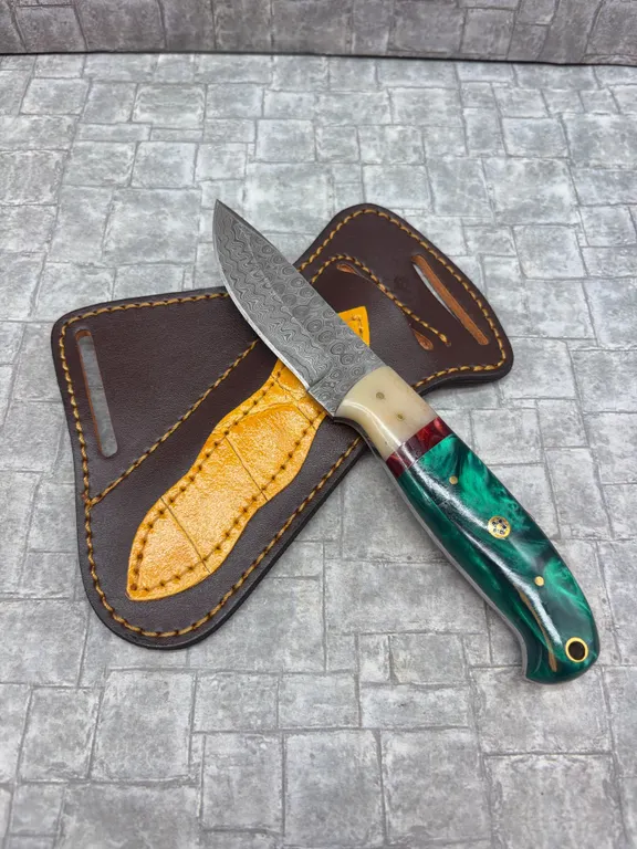 Damascus Steel Knife with Resin Handle and Leather Sheath