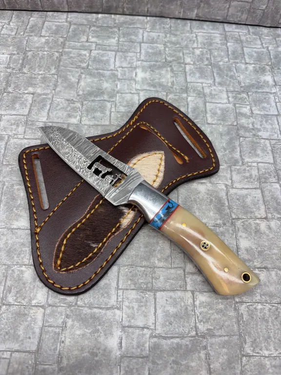 Damascus Steel Knife with Resin Handle and Leather Sheath