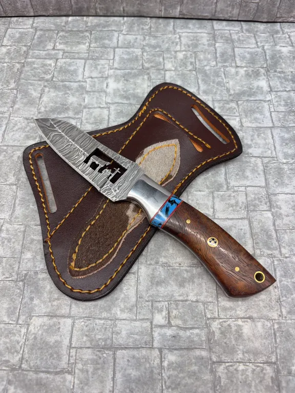 Damascus Steel Knife with Resin Handle and Leather Sheath