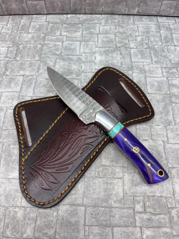 Damascus Steel Knife with Resin Handle and Leather Sheath