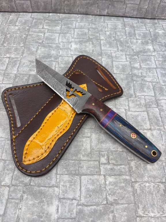 Damascus Steel Knife with Resin Handle and Leather Sheath