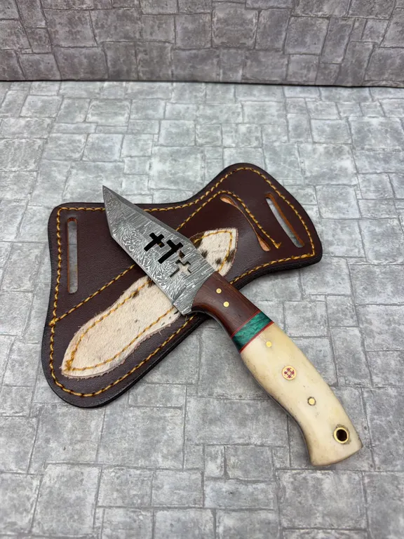 Damascus Steel Knife with Resin Handle and Leather Sheath