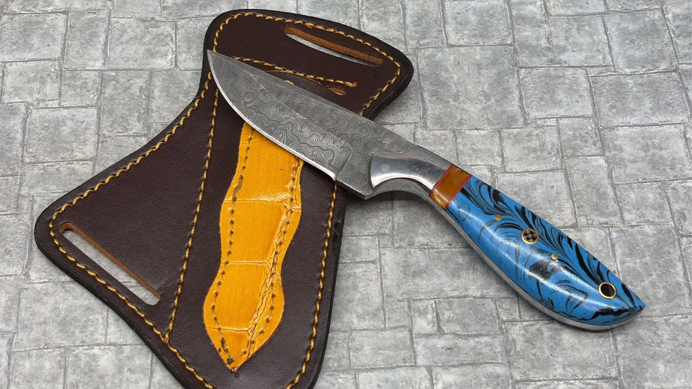 Damascus Steel Knife with Resin Handle and Leather Sheath