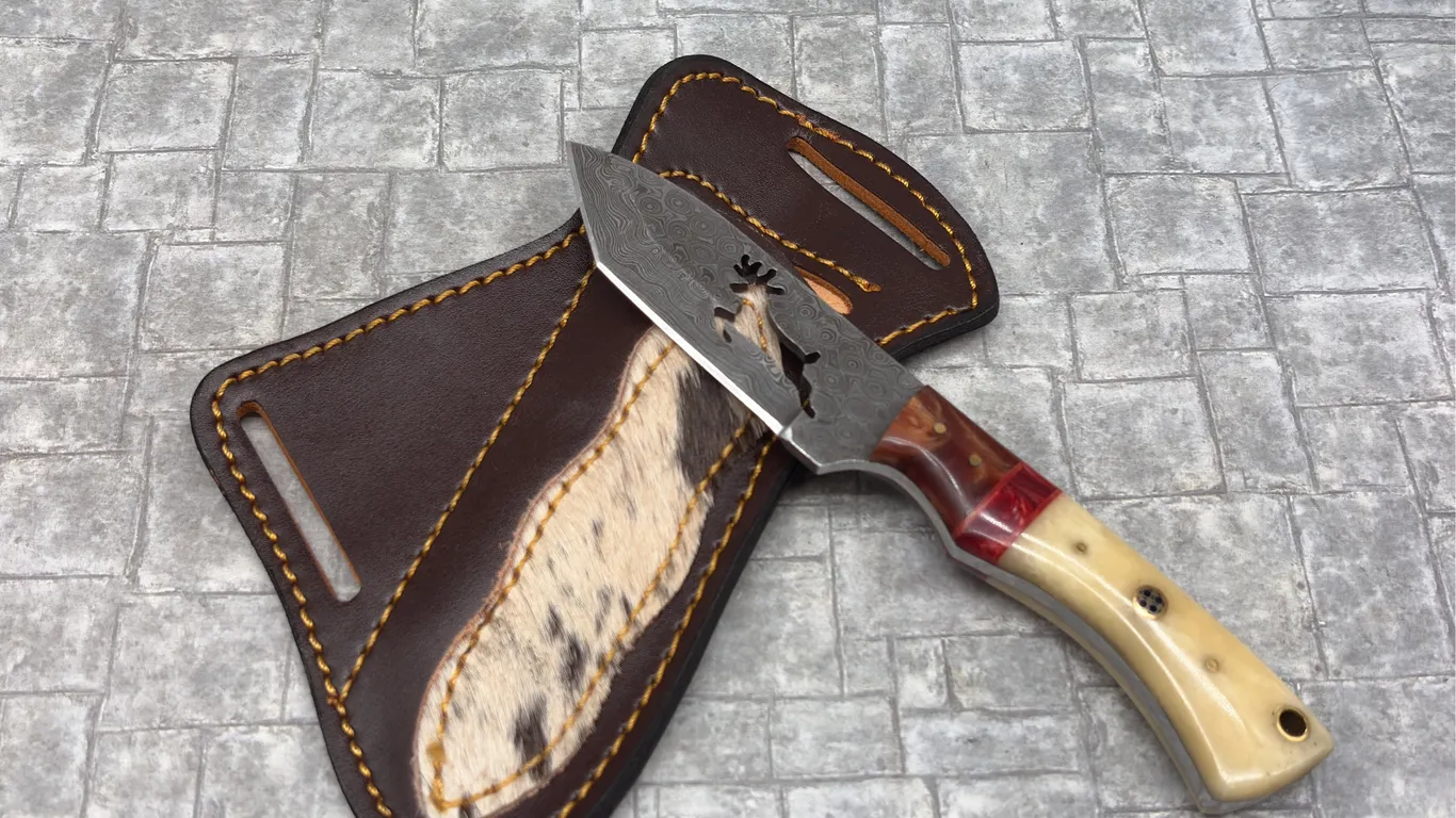 Damascus Steel Knife with Resin Handle and Leather Sheath