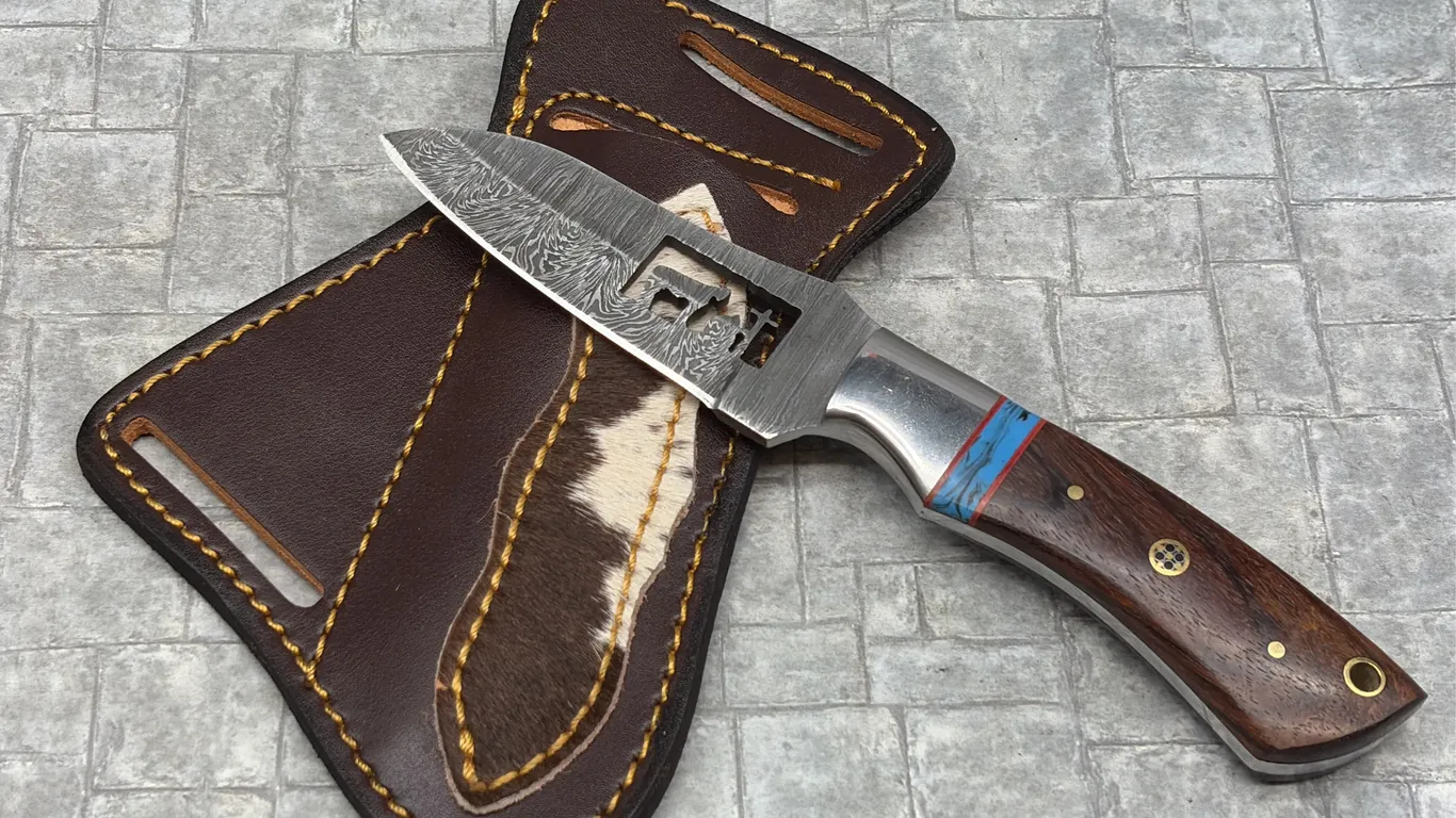 Damascus Steel Knife with Resin Handle and Leather Sheath