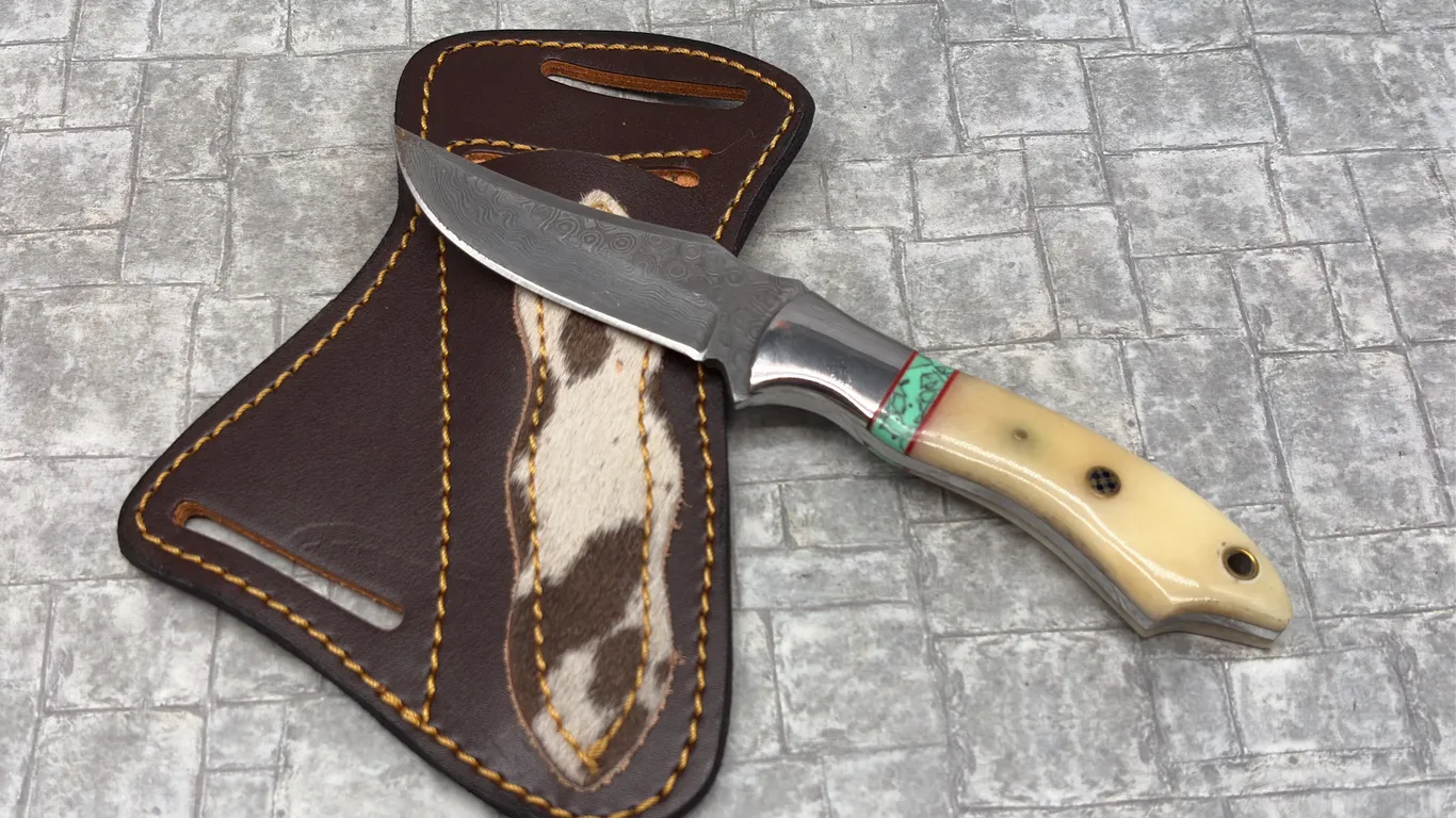 Damascus Steel Knife with Resin Handle and Leather Sheath