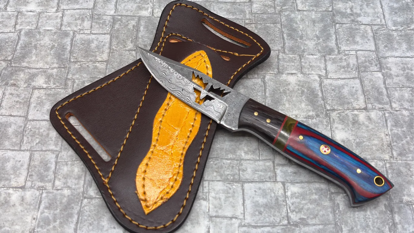 Damascus Steel Knife with Resin Handle and Leather Sheath