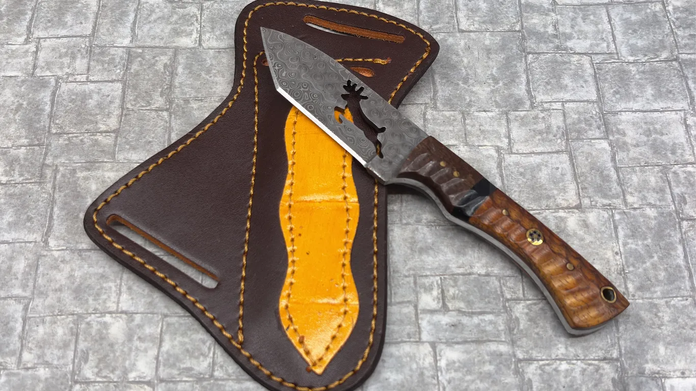 Damascus Steel Knife with Resin Handle and Leather Sheath