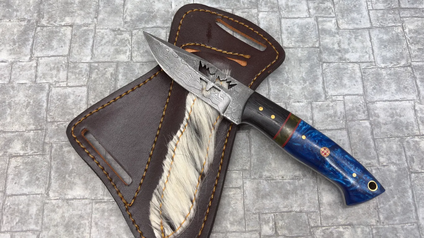 Damascus Steel Knife with Resin Handle and Leather Sheath