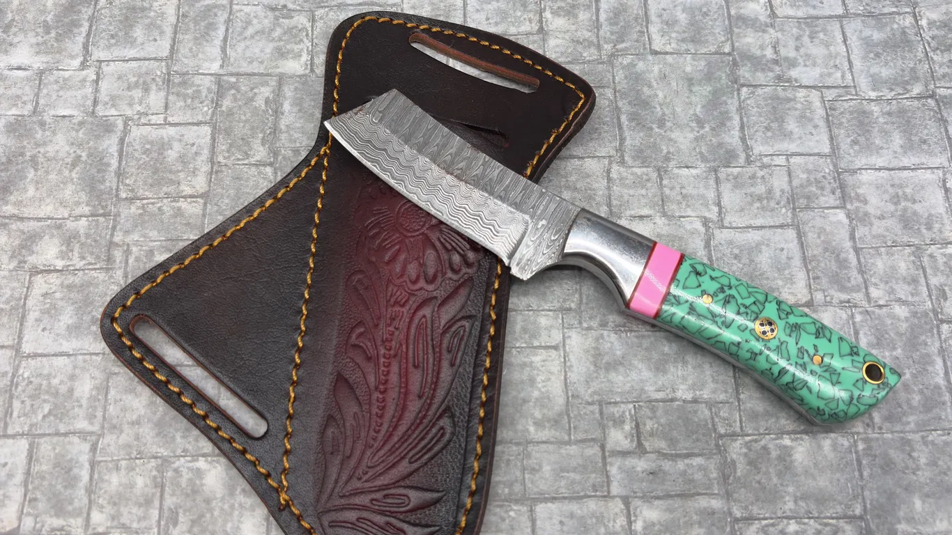 Damascus Steel Knife with Resin Handle and Leather Sheath