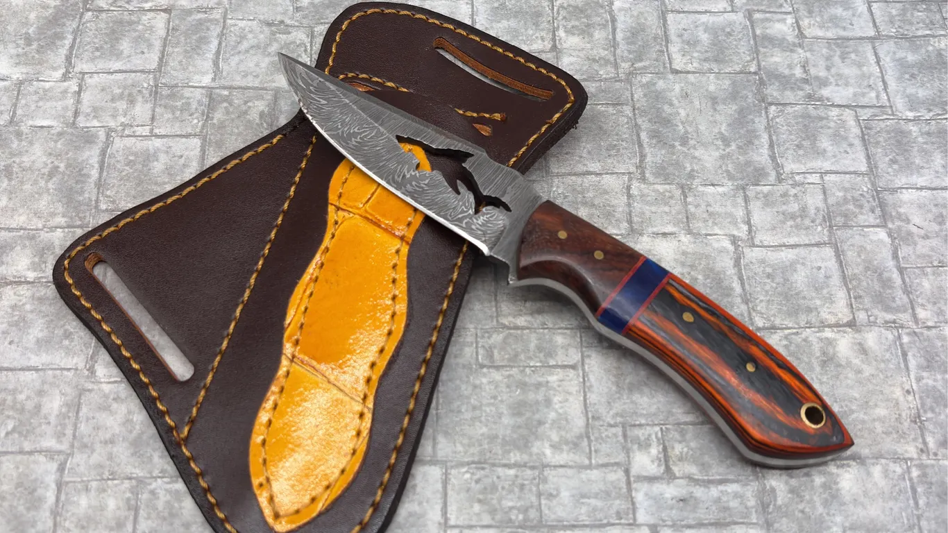 Damascus Steel Knife with Resin Handle and Leather Sheath
