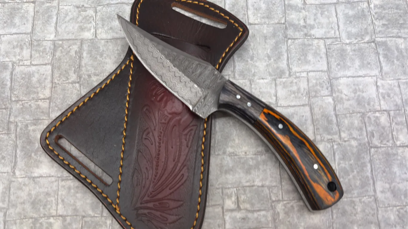 Damascus Steel Knife with Resin Handle and Leather Sheath