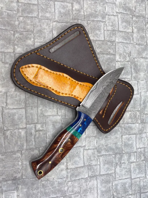 Damascus Steel Knife with Resin Handle and Leather Sheath